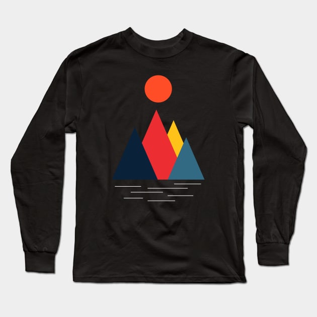 Minimalist Abstract Nature Art #47 Geometric, Linear, Colorful Mountains with Gentle Still Water Long Sleeve T-Shirt by Insightly Designs